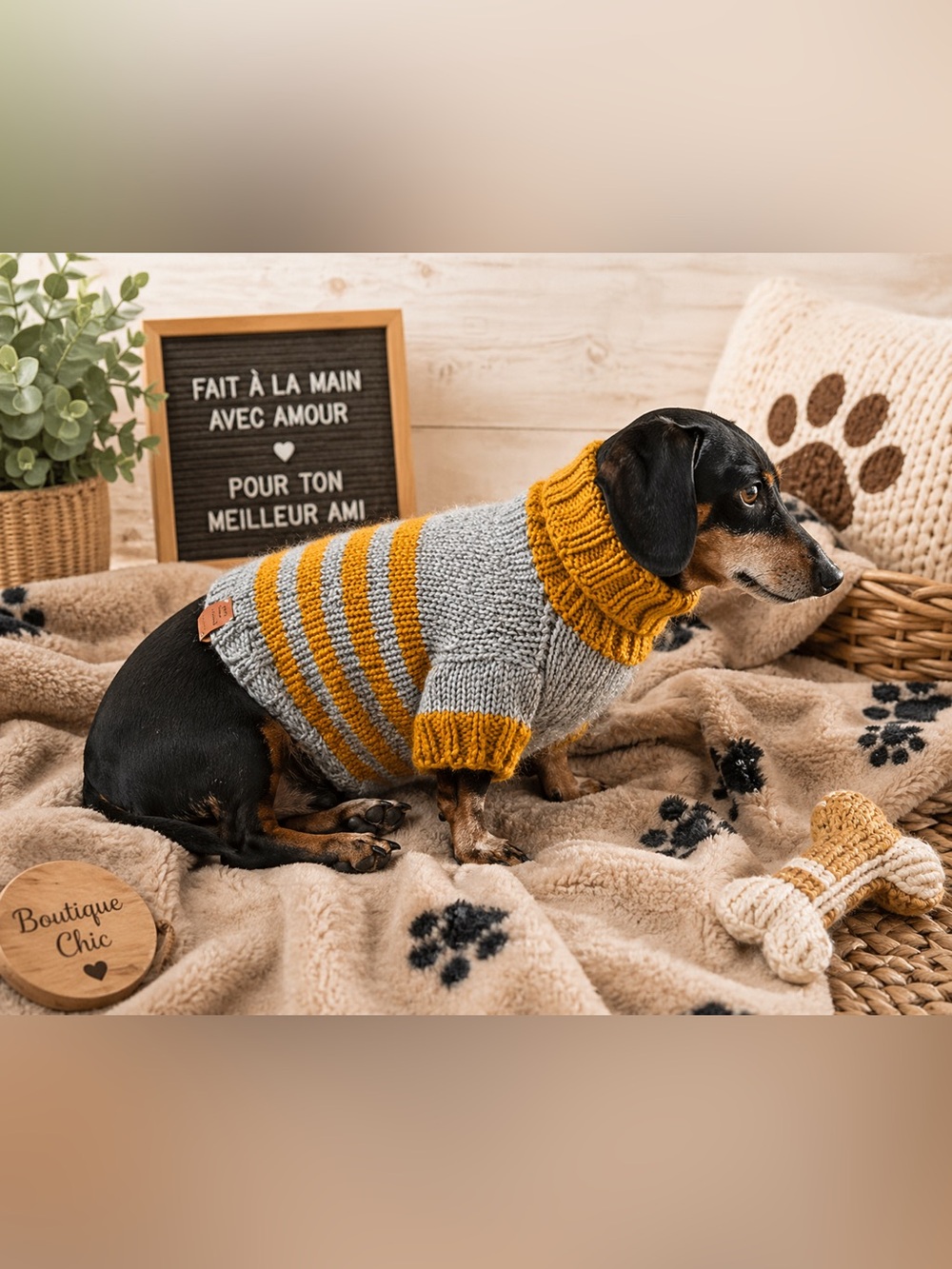 Hand-Knit Gray & Mustard Striped Dog Sweater
